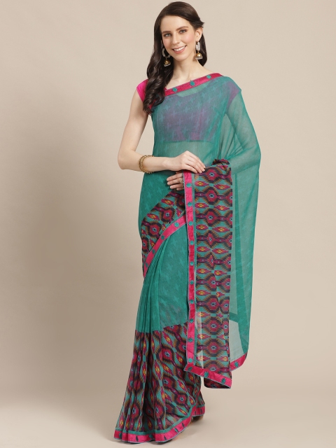 

Mitera Teal Green & Pink Printed Saree