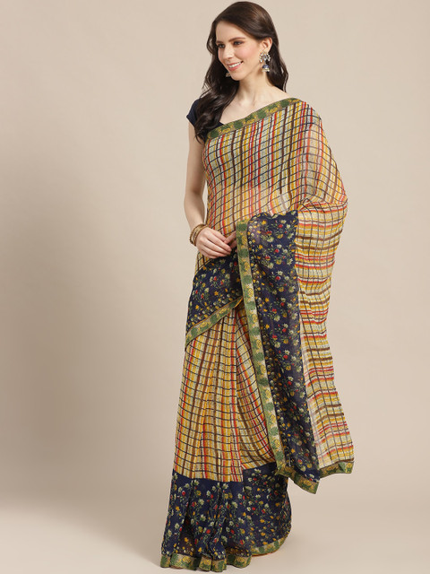 

KALINI Yellow & Navy Blue Checked Saree