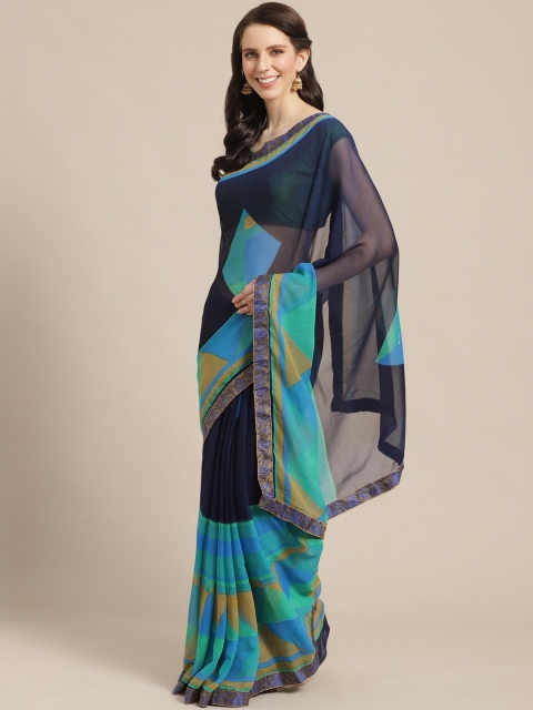 

KALINI Navy Blue & Green Printed Saree