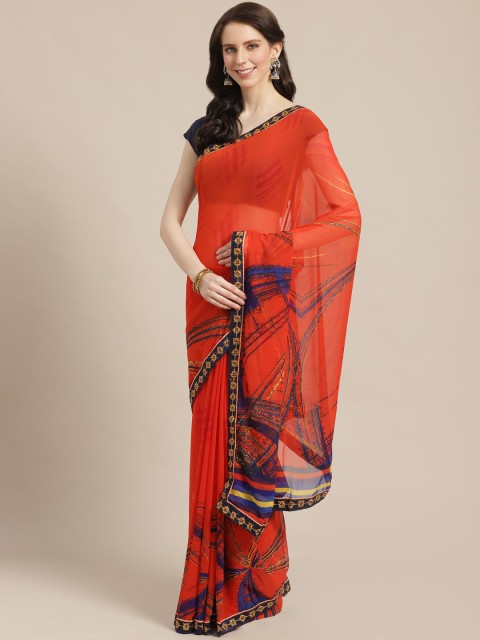 

Mitera Red & Navy Blue Printed Saree