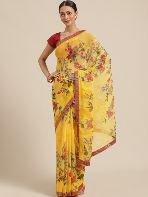 

KALINI Yellow & Green Floral Print Saree