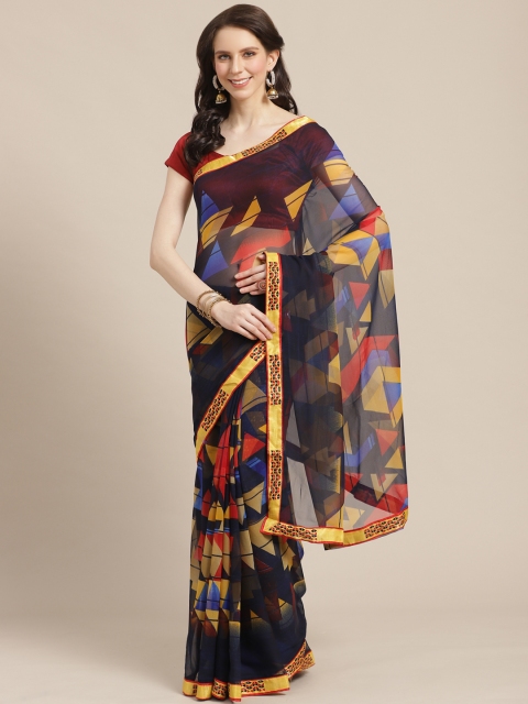 

KALINI Navy Blue & Yellow Printed Saree