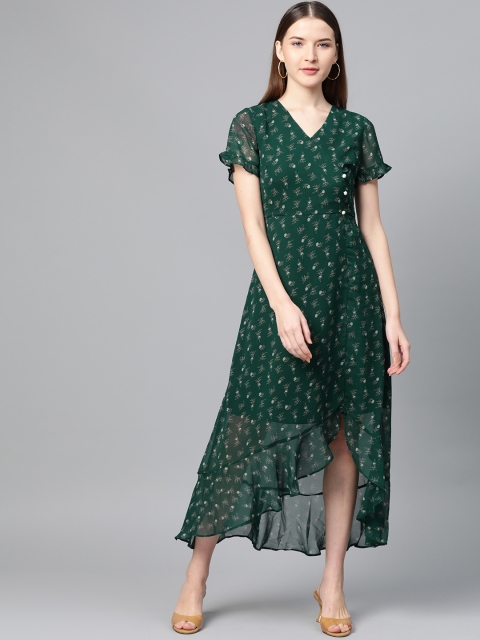 

RUNWAYIN Women Green & Grey Floral Print A-Line Dress