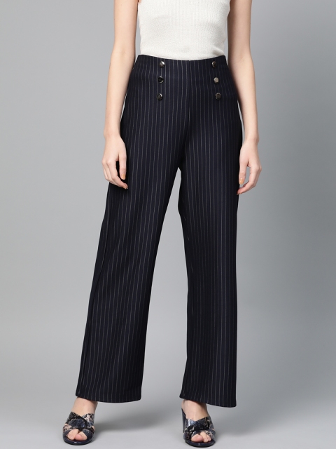 

RUNWAYIN Women Navy Blue & Off-White Relaxed Tapered Fit Striped Parallel Trousers
