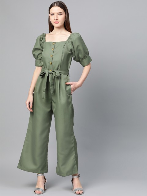 

RUNWAYIN Women Olive Green Solid Basic Jumpsuit