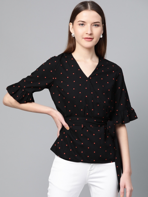 

RUNWAYIN Women Black & Rust Orange Printed Wrap Top