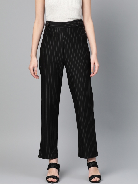 

RUNWAYIN Women Black & Off-White Relaxed Fit Striped Parallel Trousers