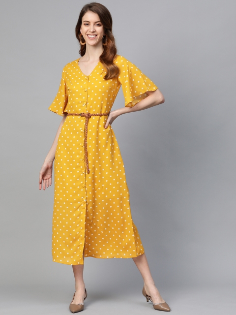 

RUNWAYIN Women Mustard Yellow & White Polka Dots Print A-Line Dress