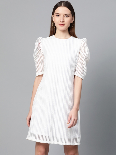 

RUNWAYIN Women White Self-Striped A-Line Dress