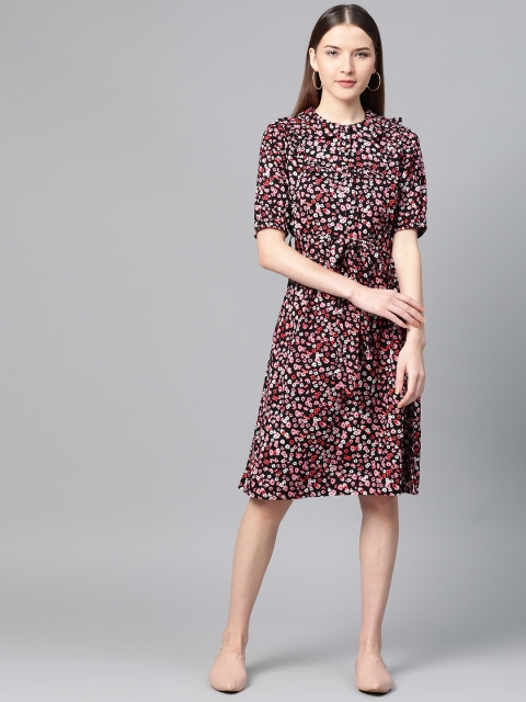 

RUNWAYIN Women Black & Pink Floral A-Line Dress