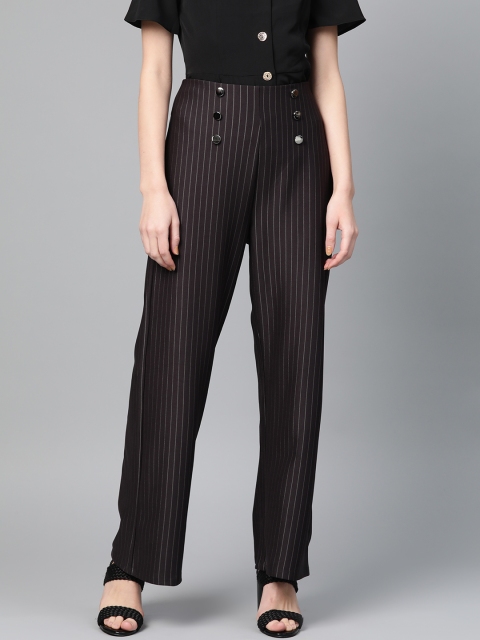 

RUNWAYIN Women Black & Off-White Relaxed Fit Flared Striped Parallel Trousers