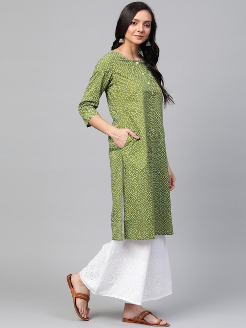 

Sangria Women Olive Green & White Printed Straight Kurta
