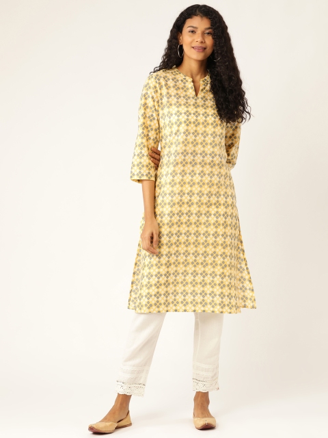 

Sangria Women Yellow & Grey Printed Straight Kurta