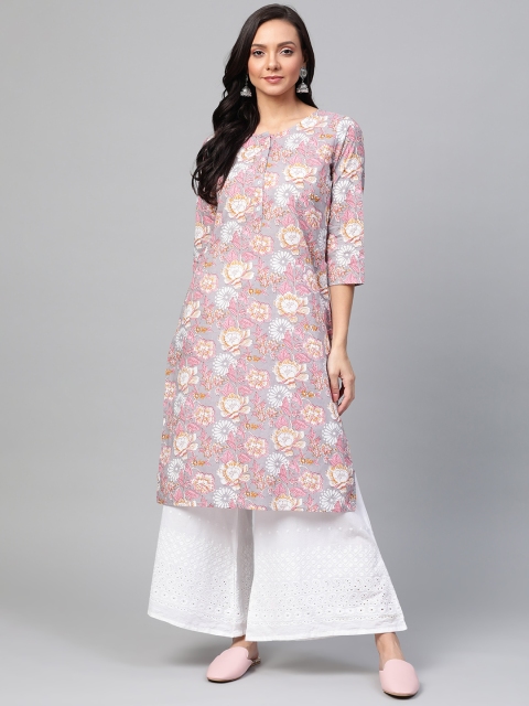 

Sangria Women Grey & Pink Floral Print Straight Kurta