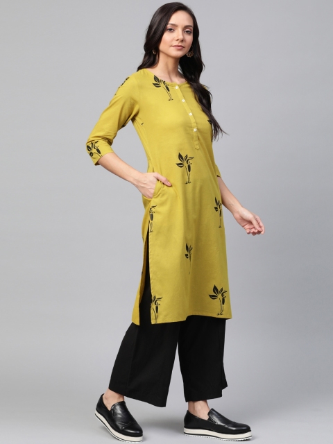 

Sangria Women Mustard Yellow & Black Floral Printed Straight Kurta