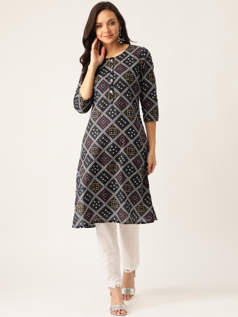 

Sangria Women Black & White Bandhani Printed Straight Kurta