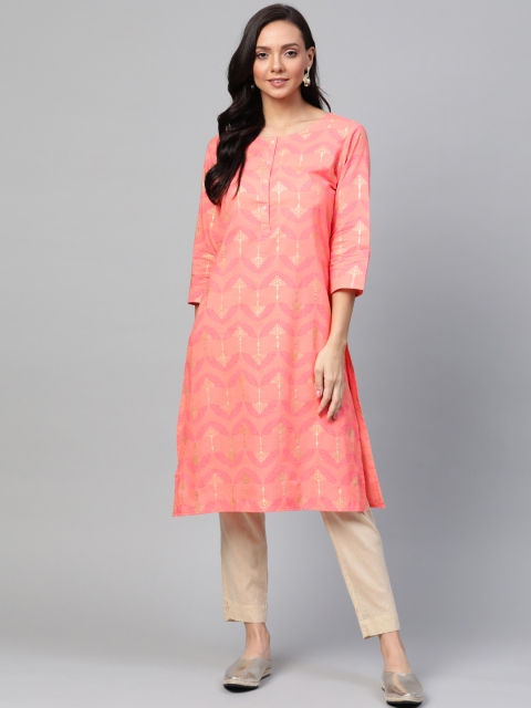 

Sangria Women Coral Pink & Golden Printed Straight Kurta