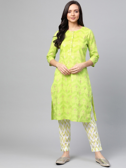 

Sangria Women Lime Green & White Printed Kurta with Trousers