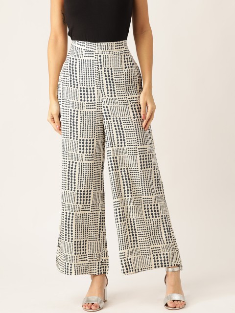 

Sangria Women Cream-Coloured & Navy Blue Printed Wide Leg Palazzos