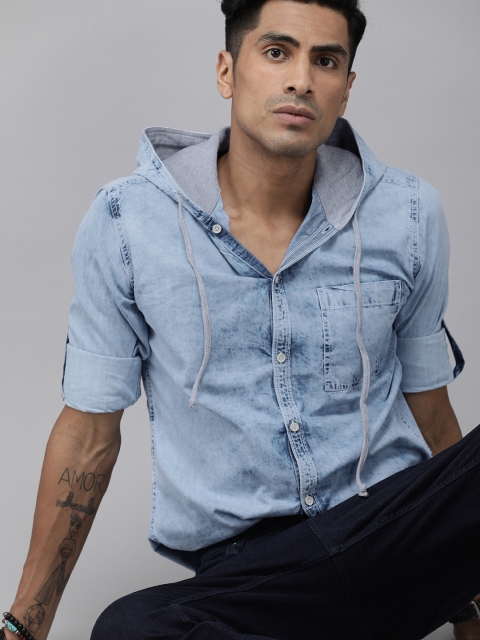 

Roadster Men Blue Regular Fit Faded Hooded Casual Shirt