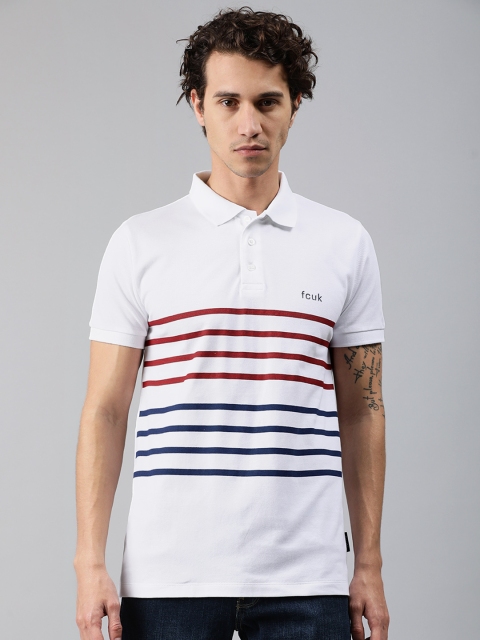 

French Connection Men White & Maroon Striped Polo Collar T-shirt