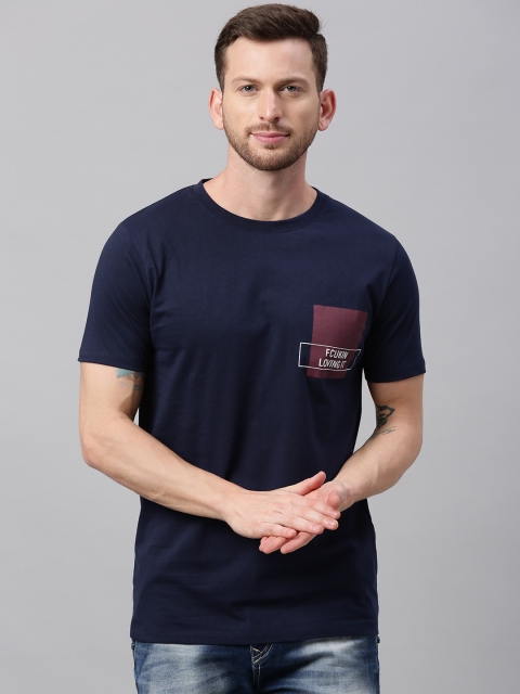 

French Connection Men Navy Blue Printed Slim Fit Round Neck T-shirt