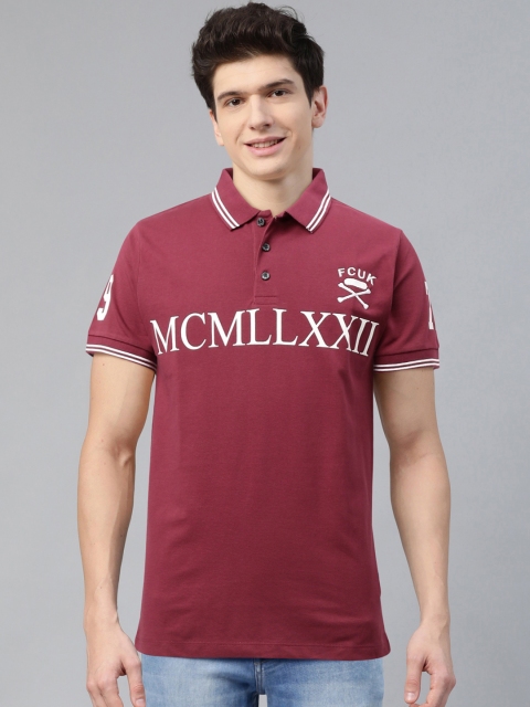 

French Connection Men Maroon & White Printed Polo Collar T-shirt