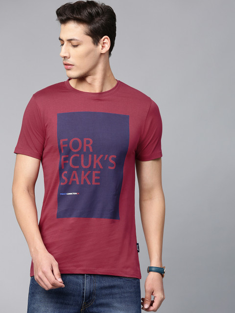 

French Connection Men Maroon & Purple Printed Round Neck T-shirt