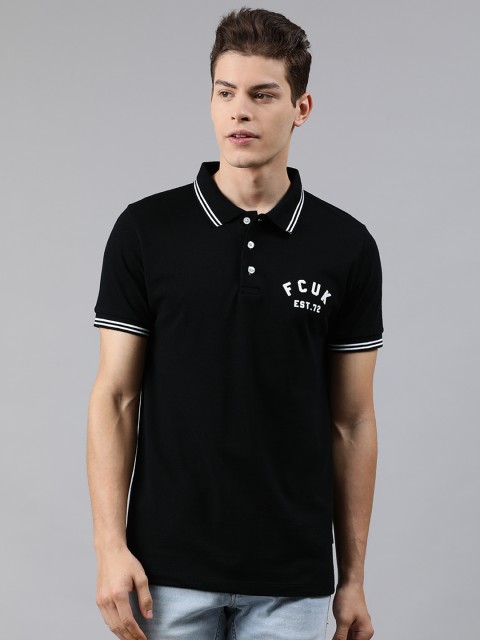 

French Connection Men Black Solid Polo Collar T-shirt