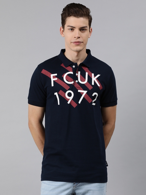 

French Connection Men Blue Printed Polo Collar T-shirt