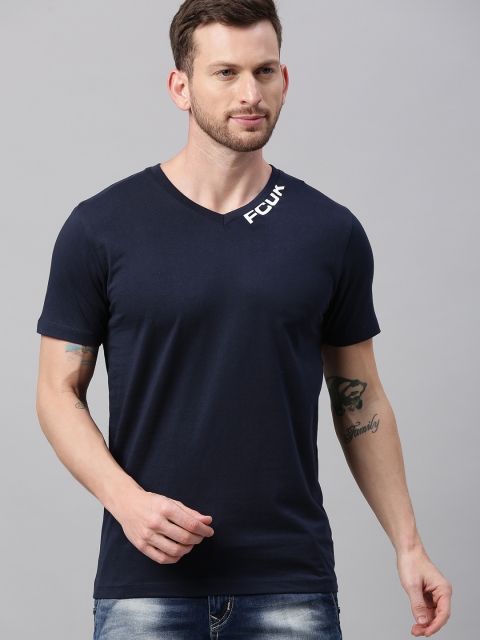 

French Connection Men Navy Blue Solid Slim Fit V-Neck T-shirt