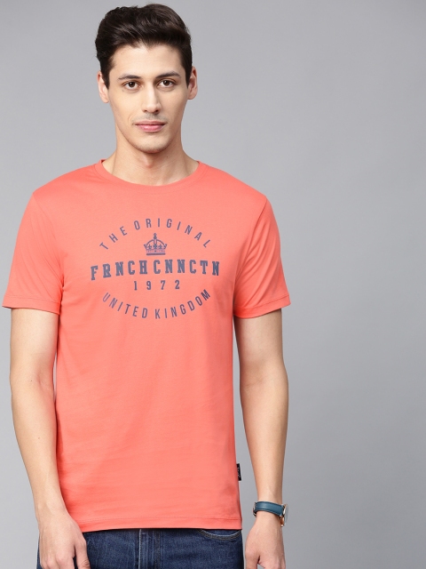 

French Connection Men Coral Orange & Blue Printed Round Neck T-shirt
