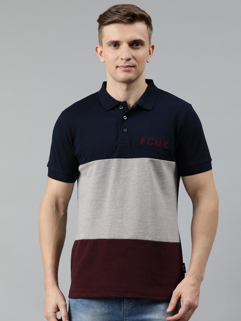 

French Connection Men Maroon & Navy Blue Colourblocked Slim Fit Polo Collar T-shirt