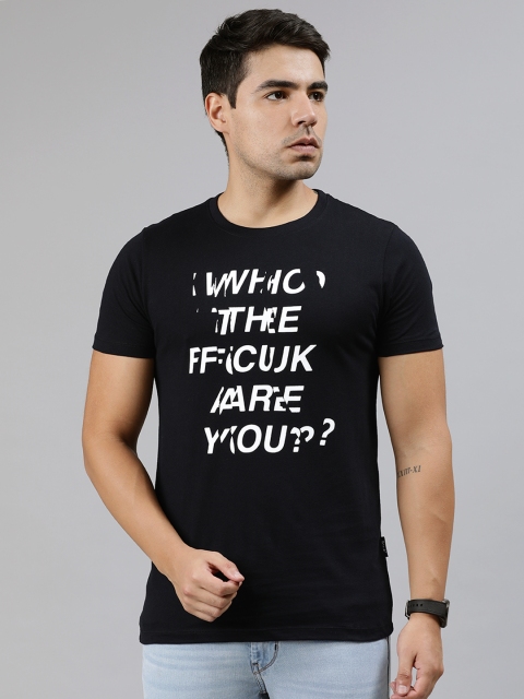 

French Connection Men Black & White Slim Fit Printed Round Neck T-shirt