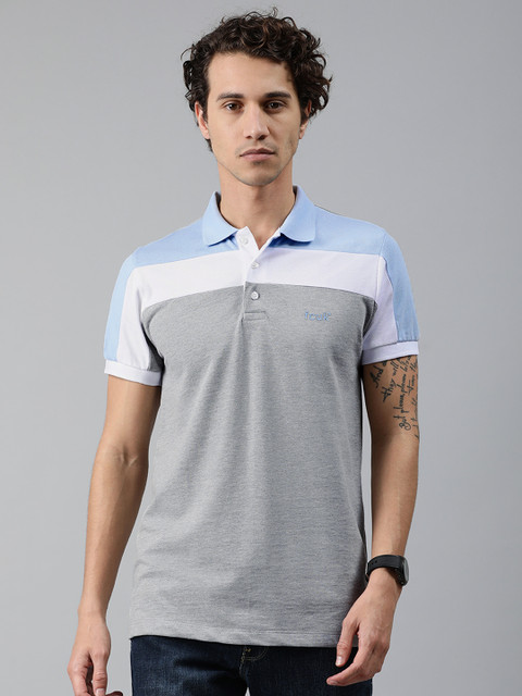 

French Connection Men Grey & White Colourblocked Polo Collar T-shirt