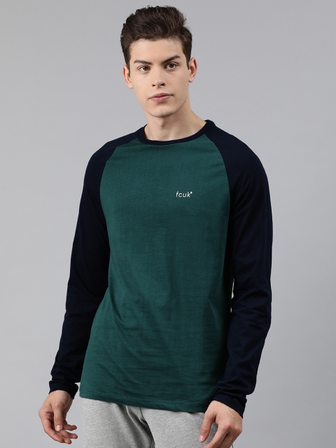 

French Connection Men Green Colourblocked Round Neck T-shirt