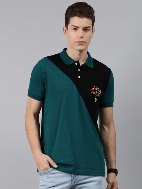 

French Connection Men Teal Blue Black Slim Fit Colourblocked Polo Collar Pure Cotton T-shirt