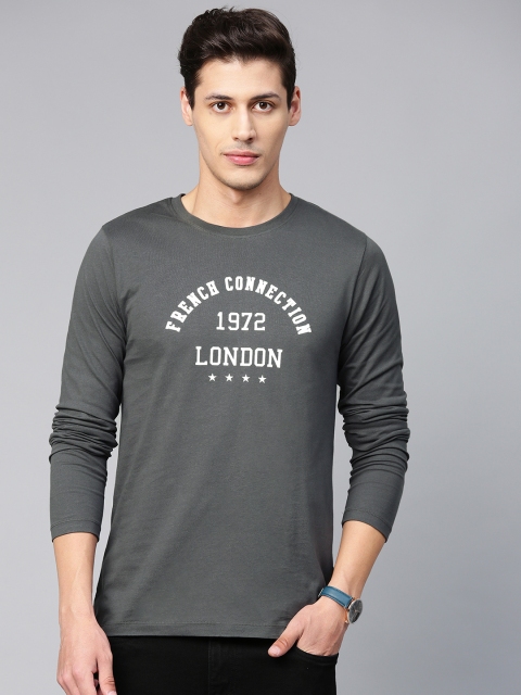 

French Connection Men Charcoal Grey & White Printed Round Neck T-shirt