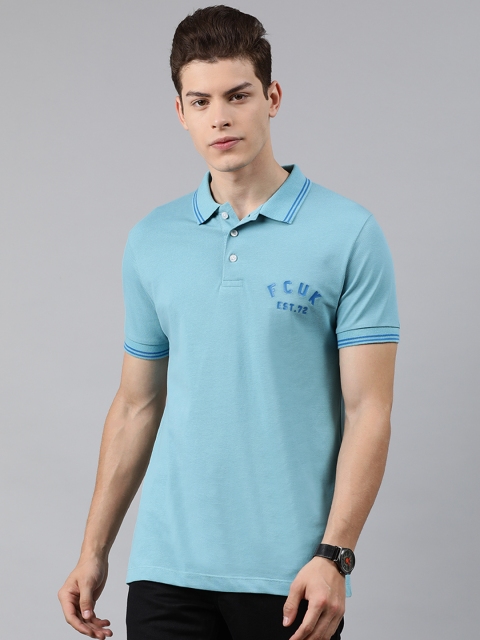 

French Connection Men Turquoise Blue Slim Fit Solid Polo Collar T-shirt