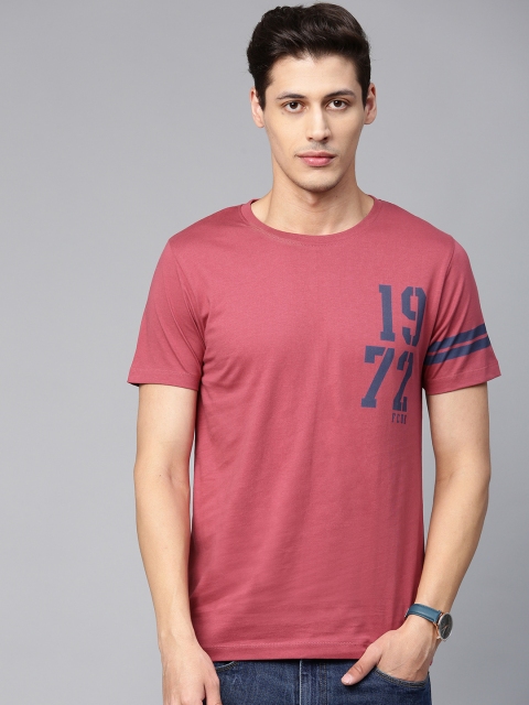 

French Connection Men Rust Red & Blue Placement Print Round Neck T-shirt