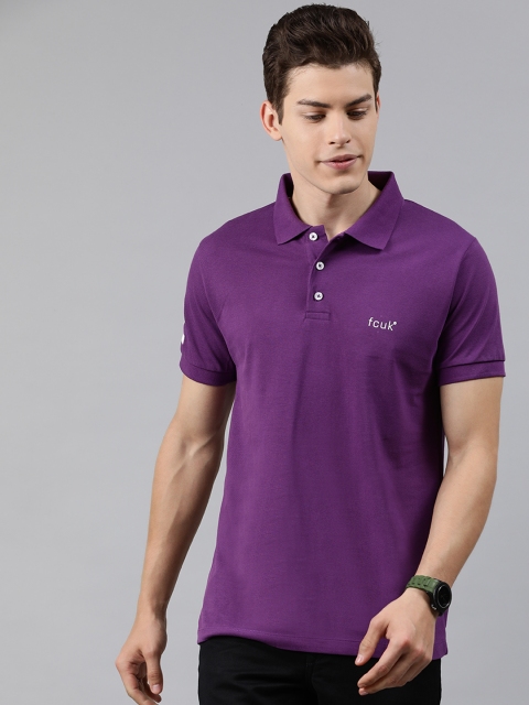 

French Connection Men Purple Solid Polo Collar T-shirt