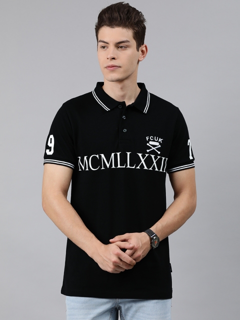 

French Connection Men Black Slim Fit Printed Polo Collar T-shirt