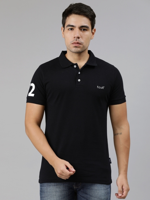 

French Connection Men Black Printed Polo Collar T-shirt