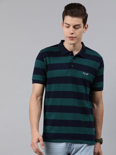 

French Connection Men Navy Blue Striped Polo Collar T-shirt