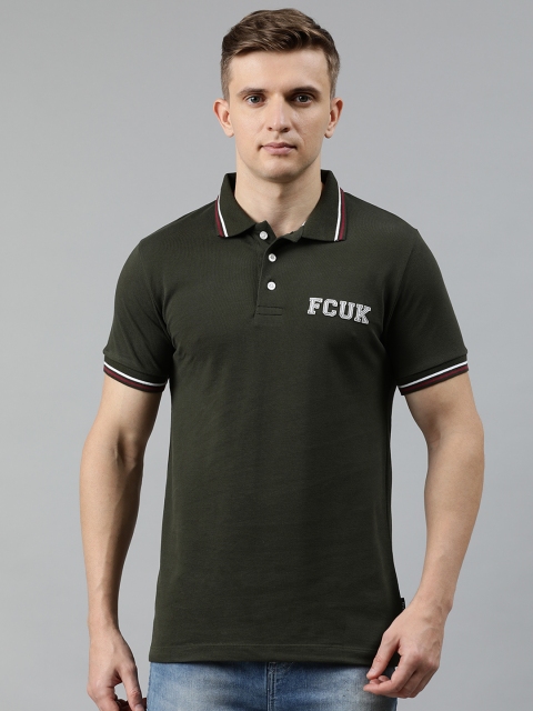 

French Connection Men Olive Green Solid Slim Fit Polo Collar T-shirt