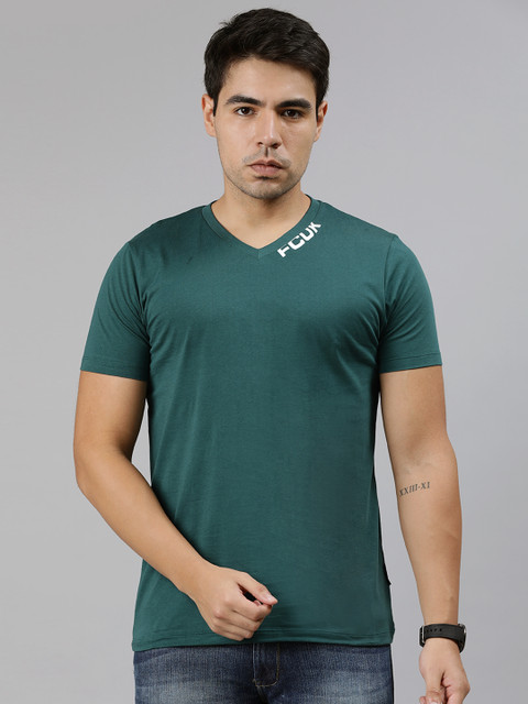 

French Connection Men Teal Green Solid V-Neck T-shirt