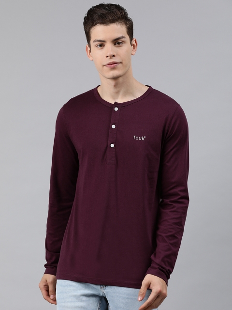 

French Connection Men Maroon Solid Henley Neck T-shirt