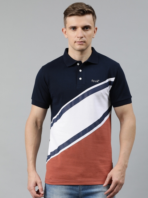 

French Connection Men Navy Blue & Orange Colourblocked Slim Fit Polo Collar T-shirt