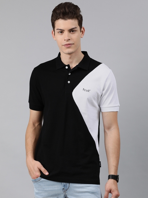 

French Connection Men Black White Slim Fit Colourblocked Polo Collar Pure Cotton T-shirt