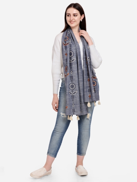 

Mesmora Women Grey & Blue Embroidered Stole